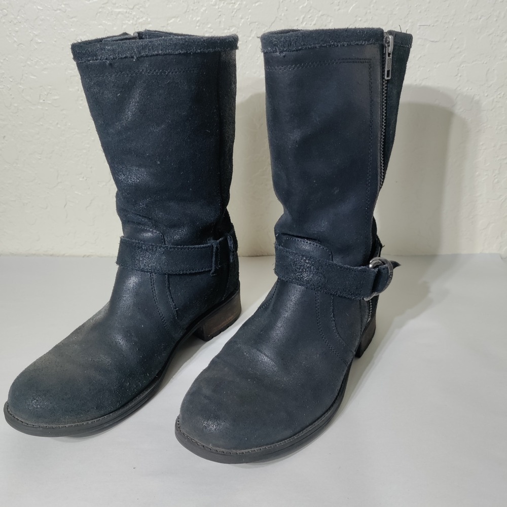 UGG‎ Australia Simmens Black Leather Suede Moto Boots Snakeskin Gusset Women